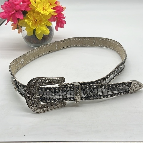 Nocona Black Silver Bling Western Belt leather with rhinestones Sz XL main image 4